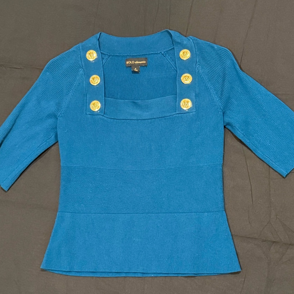 Teal Sweater Top w/Gold Button Details